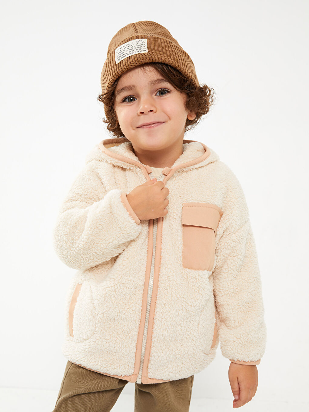 Bej Kapüşonlu Uzun Kollu Erkek Bebek Fermuarlı Sweatshirt-1