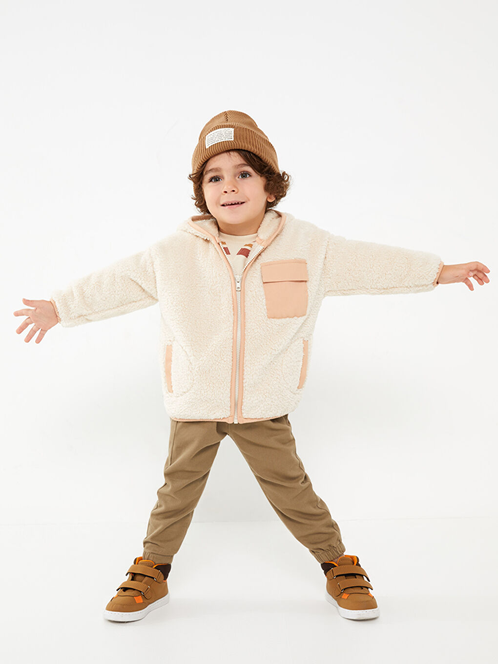 Bej Kapüşonlu Uzun Kollu Erkek Bebek Fermuarlı Sweatshirt-2