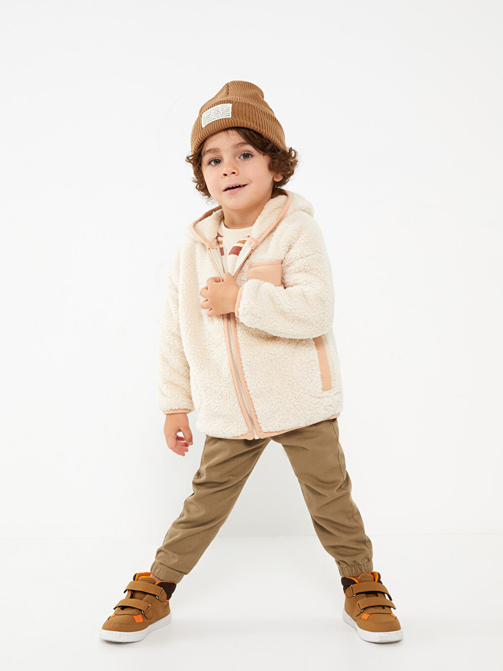 Bej Kapüşonlu Uzun Kollu Erkek Bebek Fermuarlı Sweatshirt-3