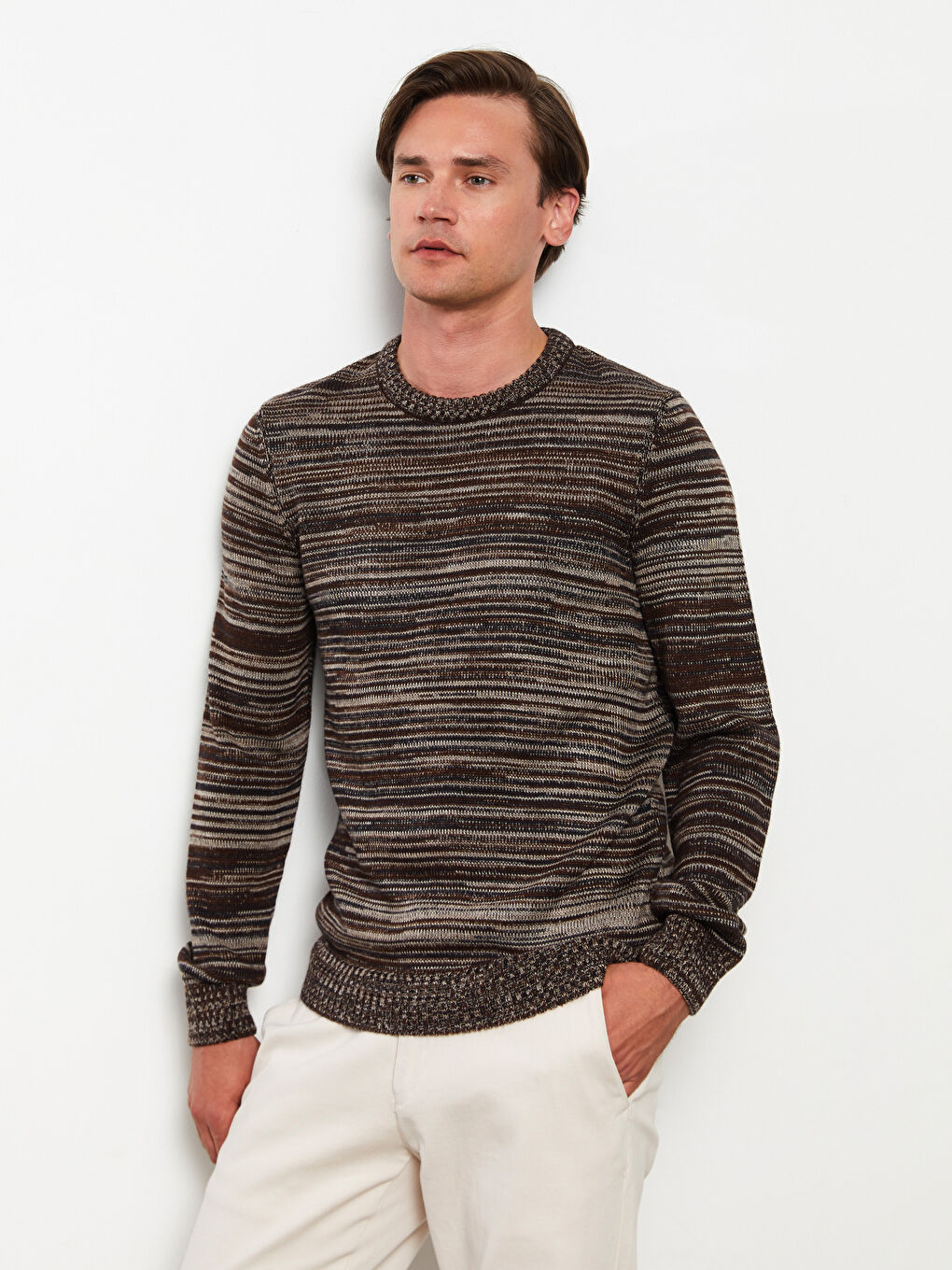 Crew Neck Long Sleeve Patterned Men's Knitwear Sweater