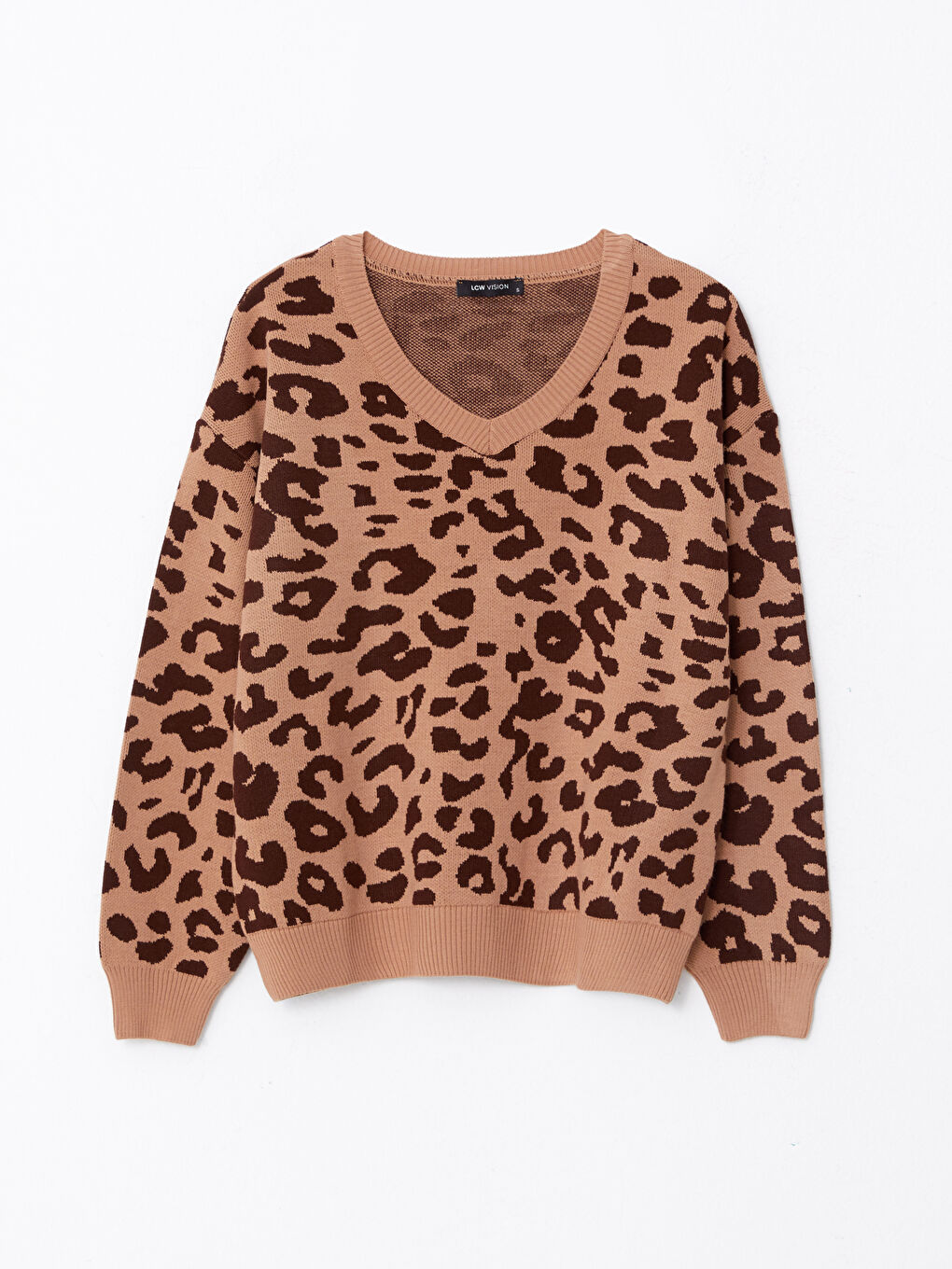 Kahverengi V Yaka Desenli Uzun Kollu Kadın Triko Kazak-5