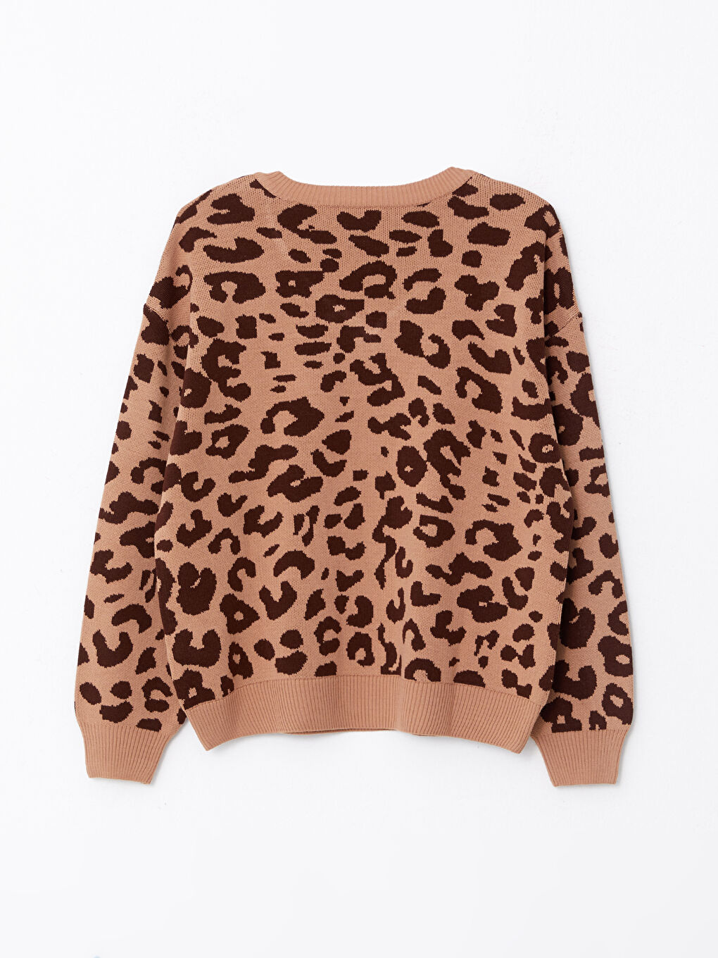 Kahverengi V Yaka Desenli Uzun Kollu Kadın Triko Kazak-6