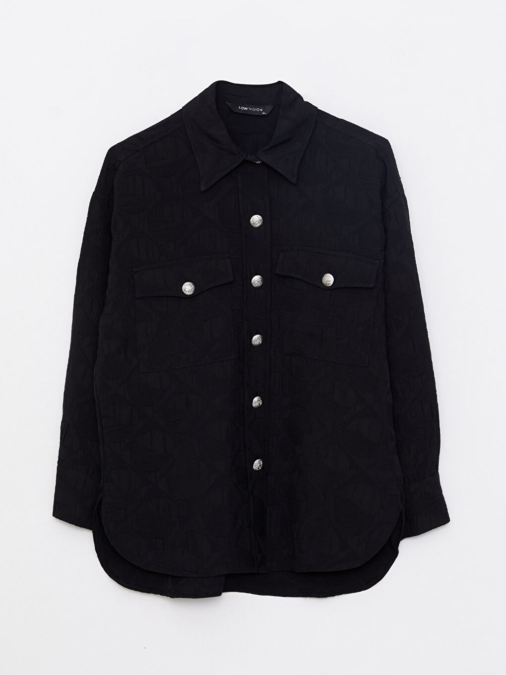 Siyah Önden Düğme Kapamalı Kendinden Desenli Uzun Kollu Kadın Gömlek Ceket-5