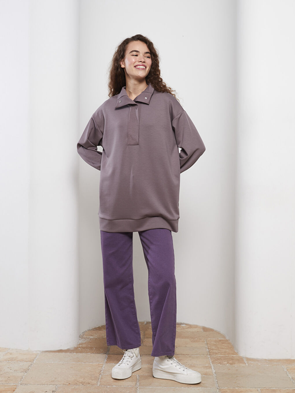 Mor Dik Yaka Düz Uzun Kollu Oversize Kadın Tunik-1