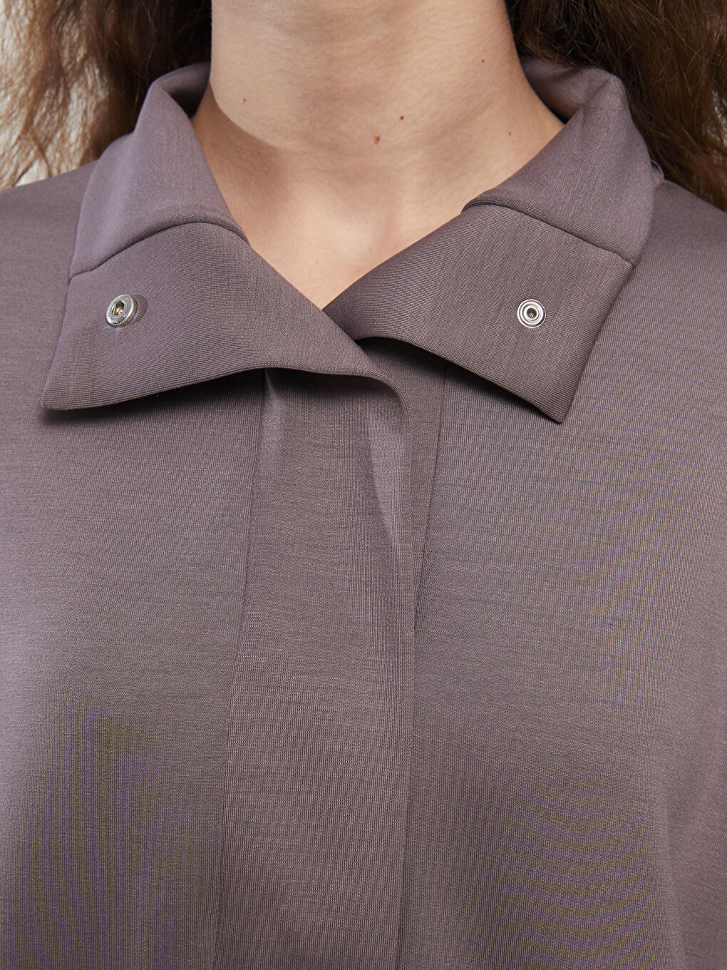 Mor Dik Yaka Düz Uzun Kollu Oversize Kadın Tunik-2