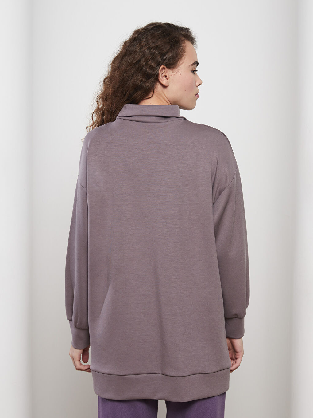 Mor Dik Yaka Düz Uzun Kollu Oversize Kadın Tunik-3