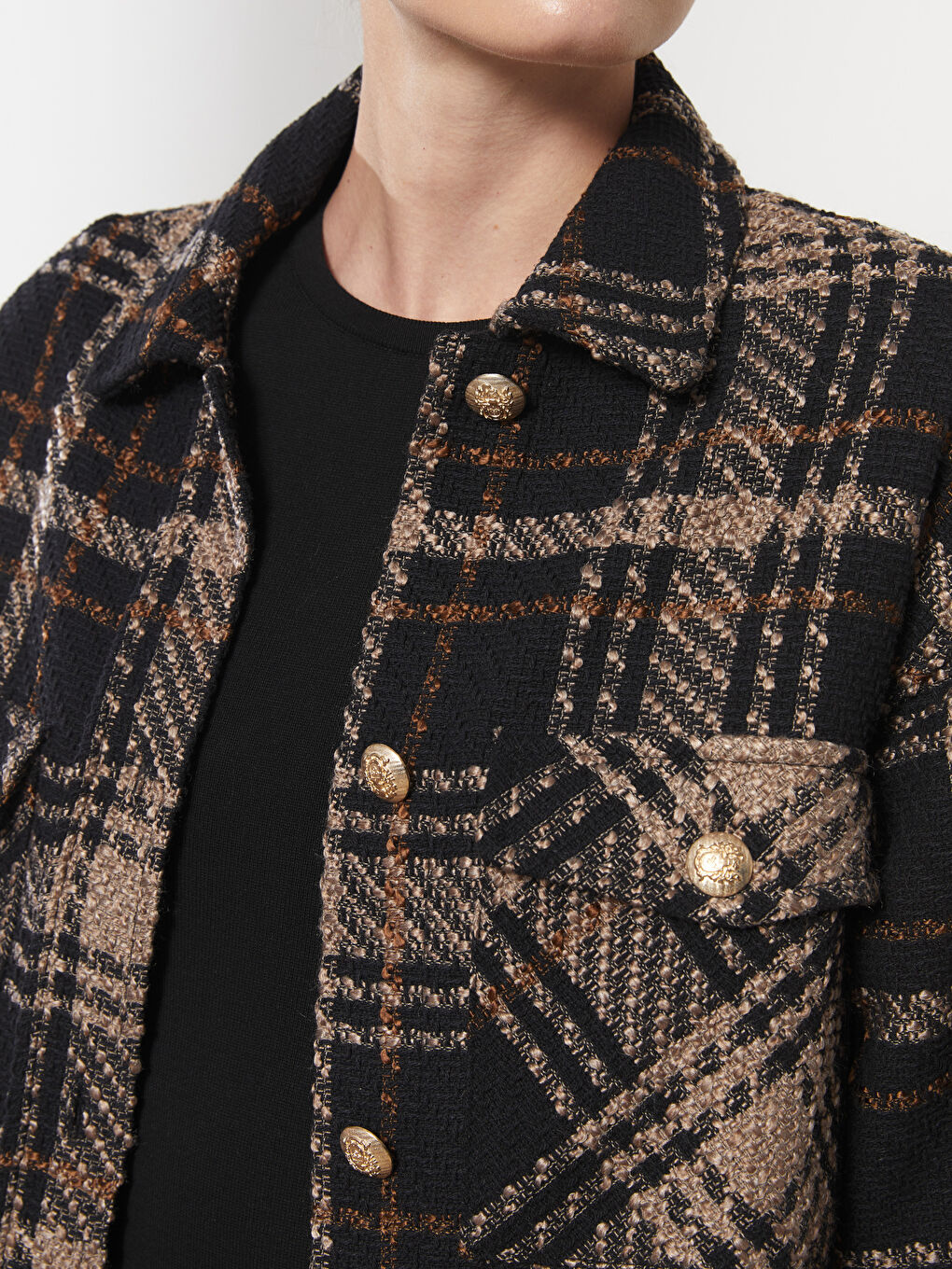 Siyah Önden Düğme Kapamalı Ekose Uzun Kollu Kadın Tüvit Gömlek Ceket-3