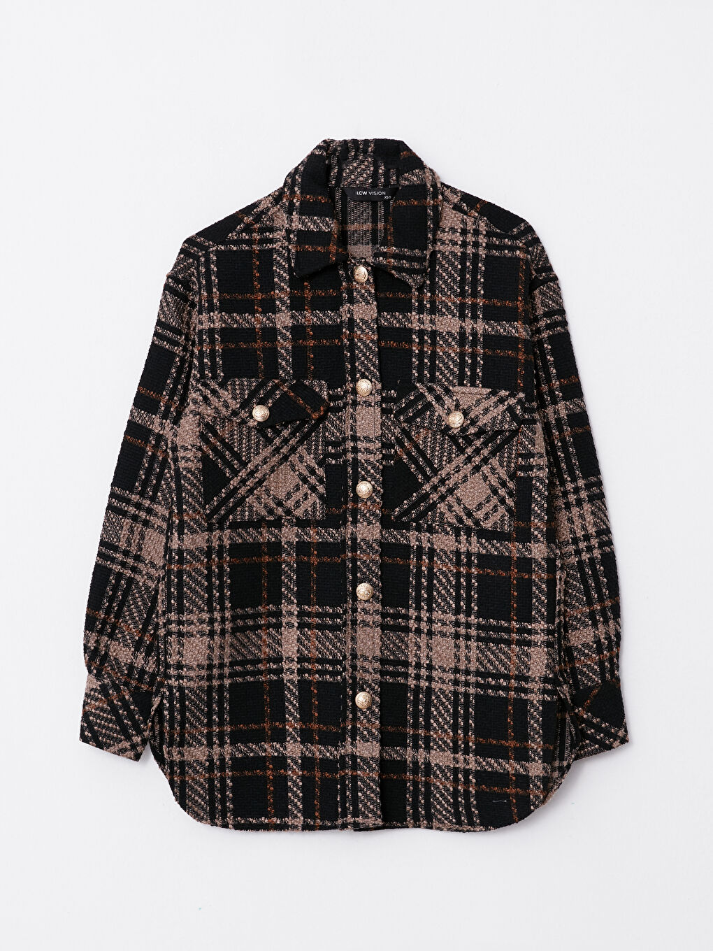 Siyah Önden Düğme Kapamalı Ekose Uzun Kollu Kadın Tüvit Gömlek Ceket-5