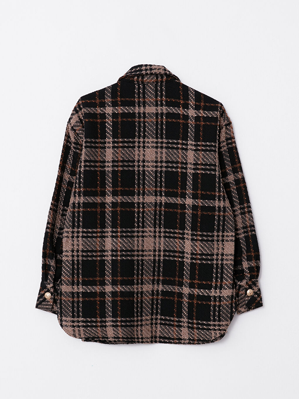 Siyah Önden Düğme Kapamalı Ekose Uzun Kollu Kadın Tüvit Gömlek Ceket-6