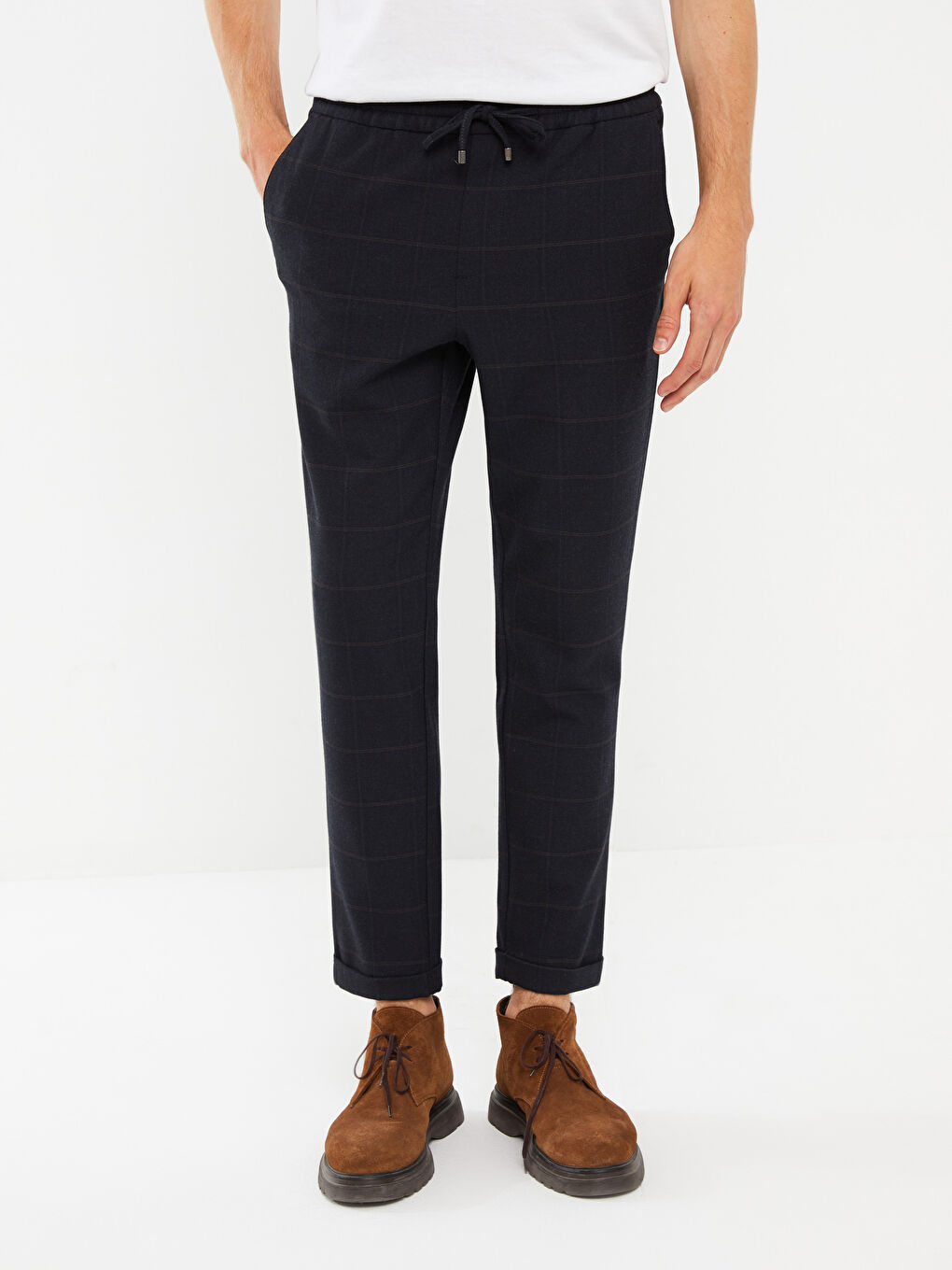 Lacivert Slim Fit Beli Bağlama Detaylı Erkek Pantolon-3