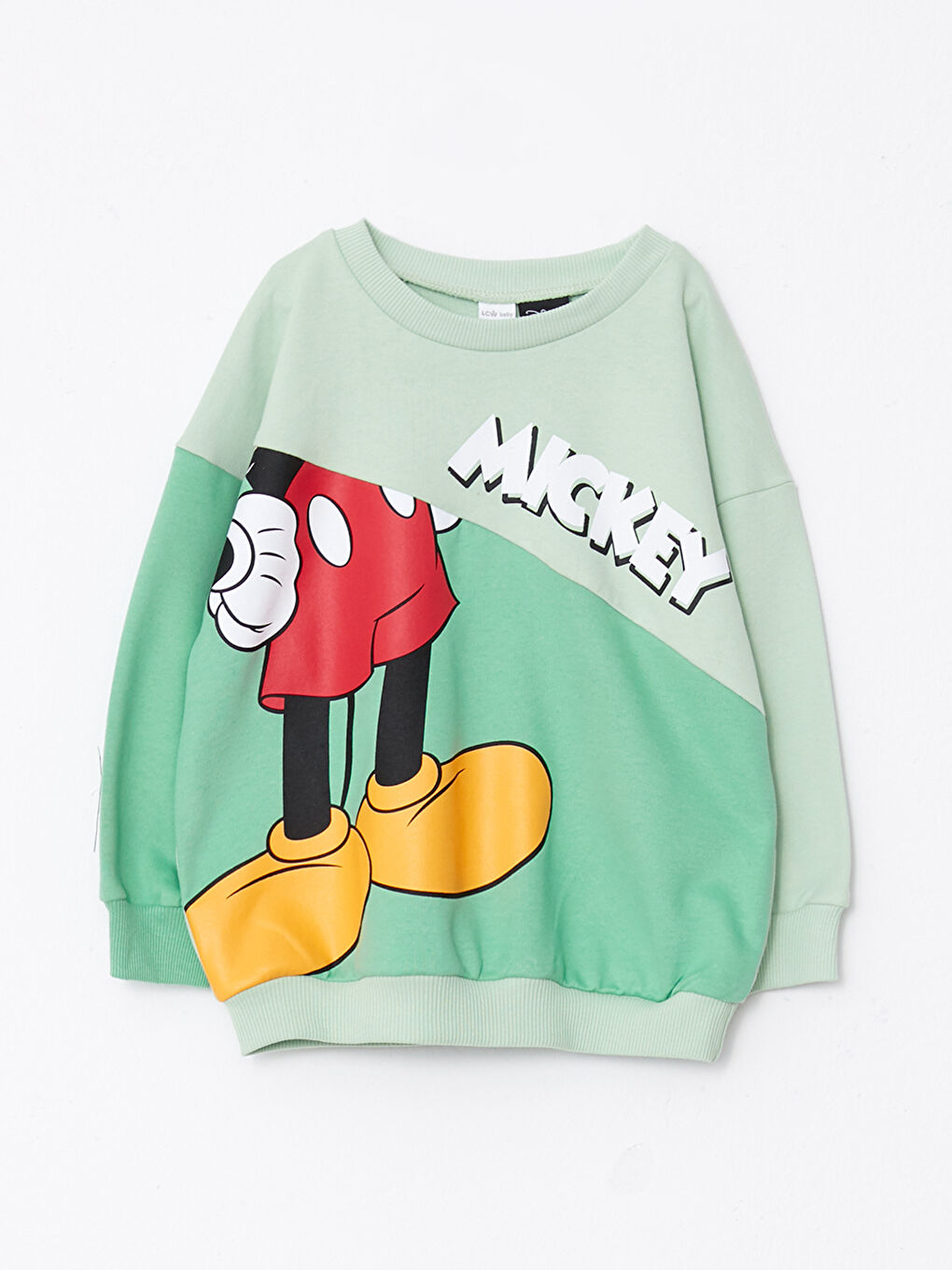 LCW baby Yeşil Bisiklet Yaka Uzun Kollu Mickey Mouse Baskılı Erkek Bebek Sweatshirt