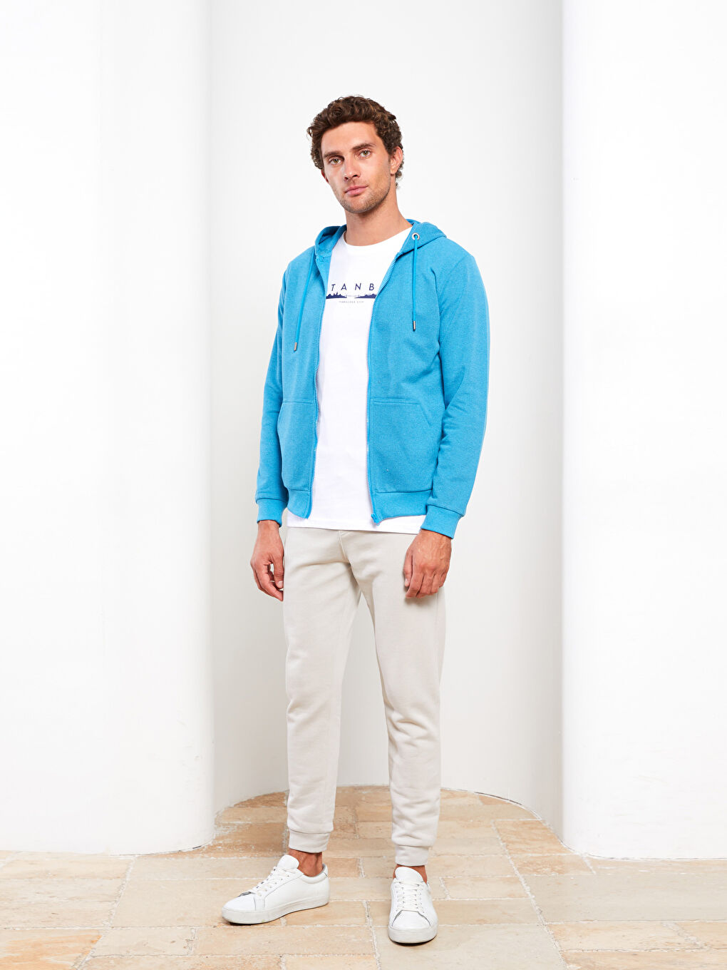 Turkuaz Kapüşonlu Uzun Kollu Erkek Spor Hırka-1