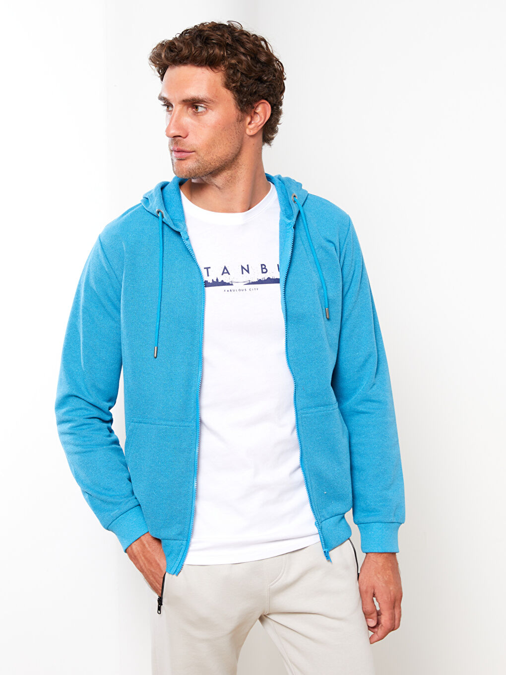 Turkuaz Kapüşonlu Uzun Kollu Erkek Spor Hırka-2