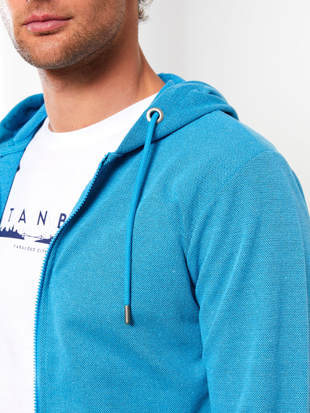 Turkuaz Kapüşonlu Uzun Kollu Erkek Spor Hırka-3