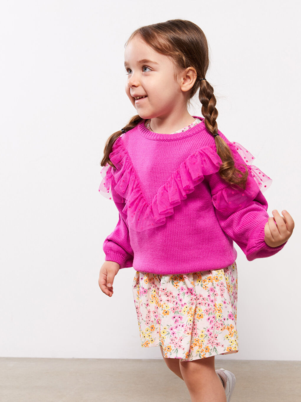 Fuşya Bisiklet Yaka Uzun Kollu Tül Detaylı Kız Bebek Triko Kazak