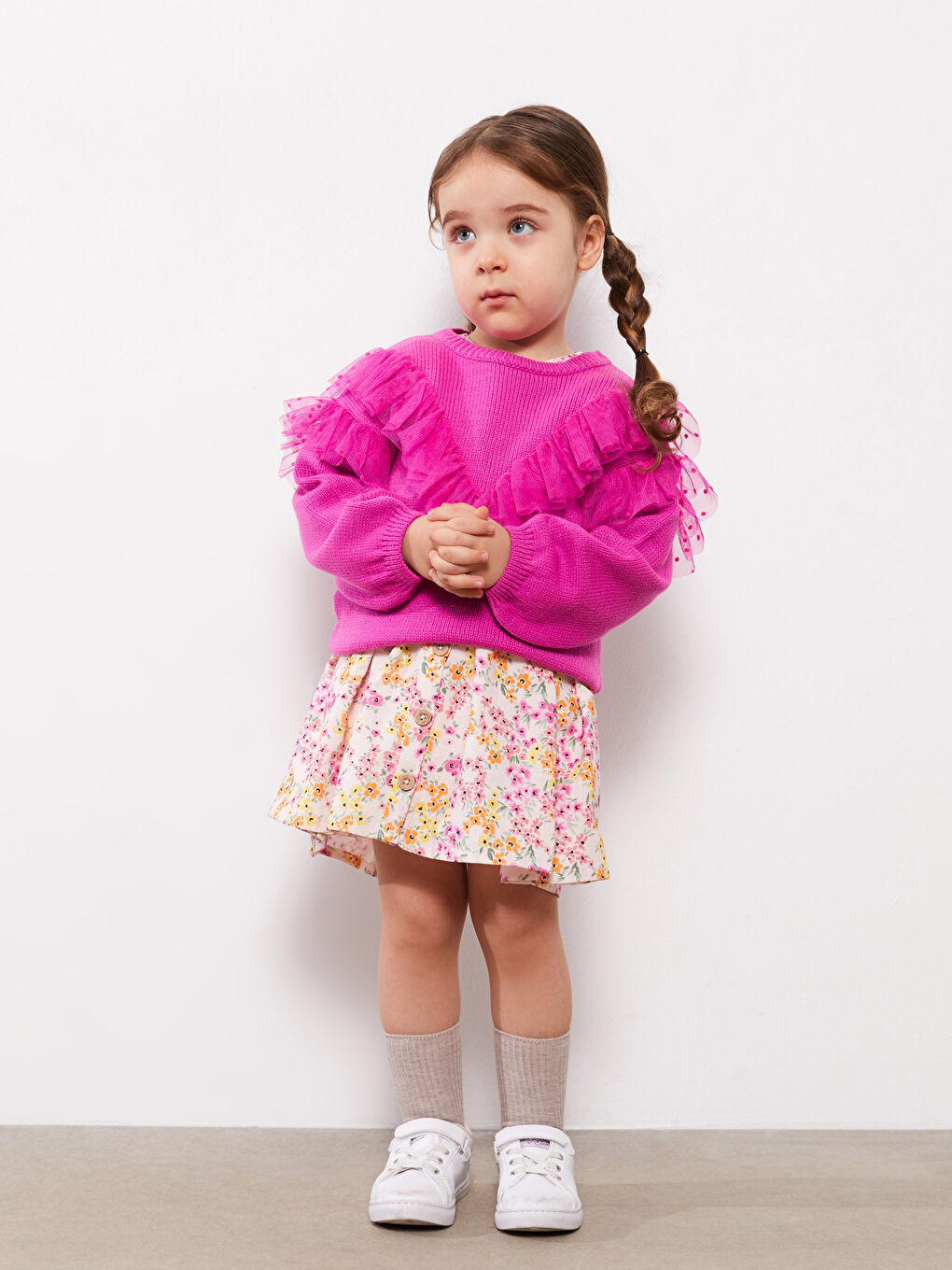 Fuşya Bisiklet Yaka Uzun Kollu Tül Detaylı Kız Bebek Triko Kazak-1
