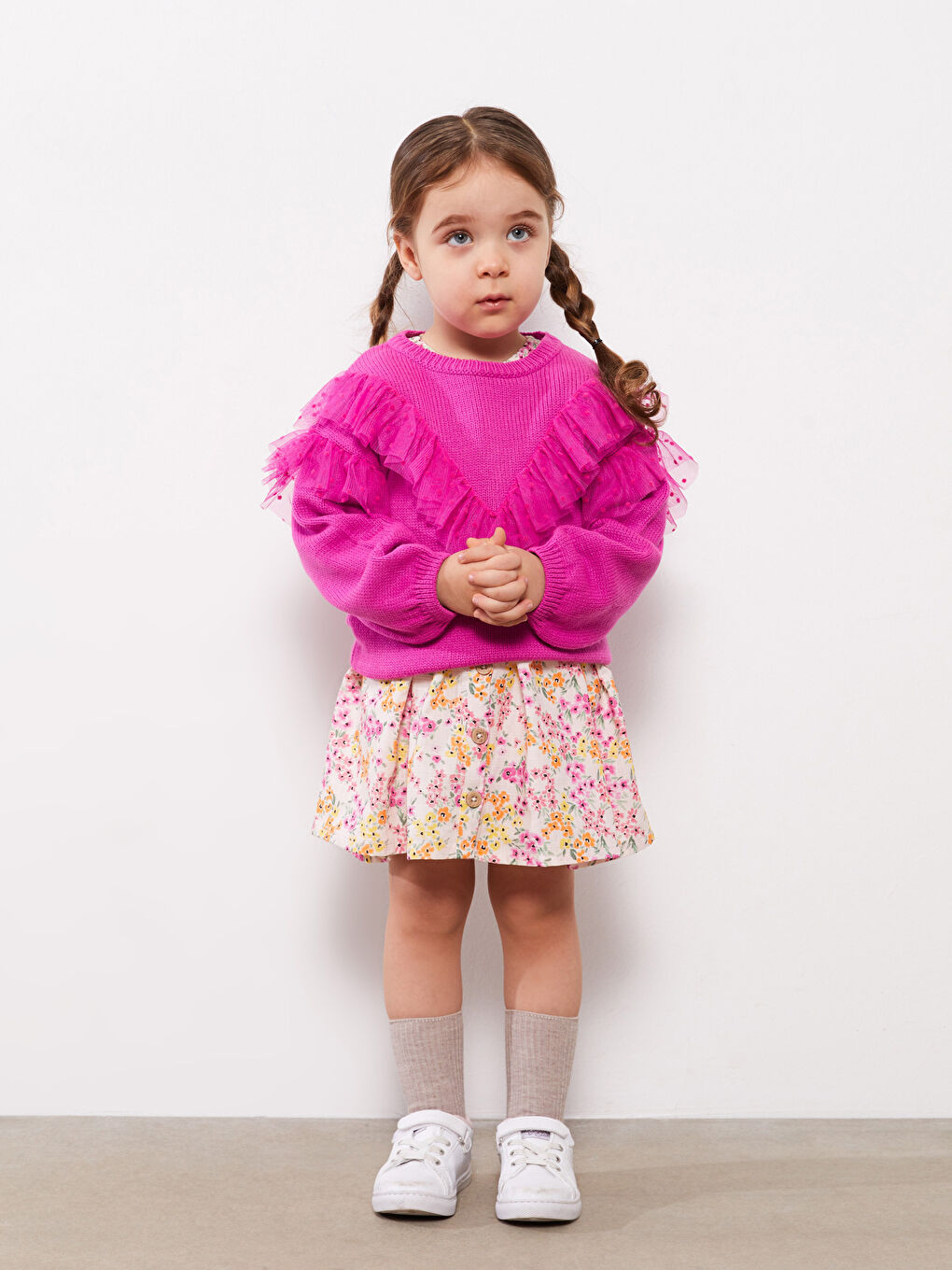 Fuşya Bisiklet Yaka Uzun Kollu Tül Detaylı Kız Bebek Triko Kazak-2
