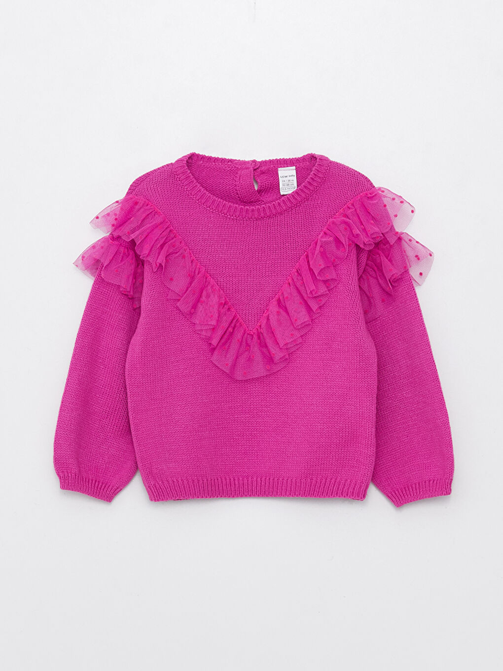 Fuşya Bisiklet Yaka Uzun Kollu Tül Detaylı Kız Bebek Triko Kazak-3