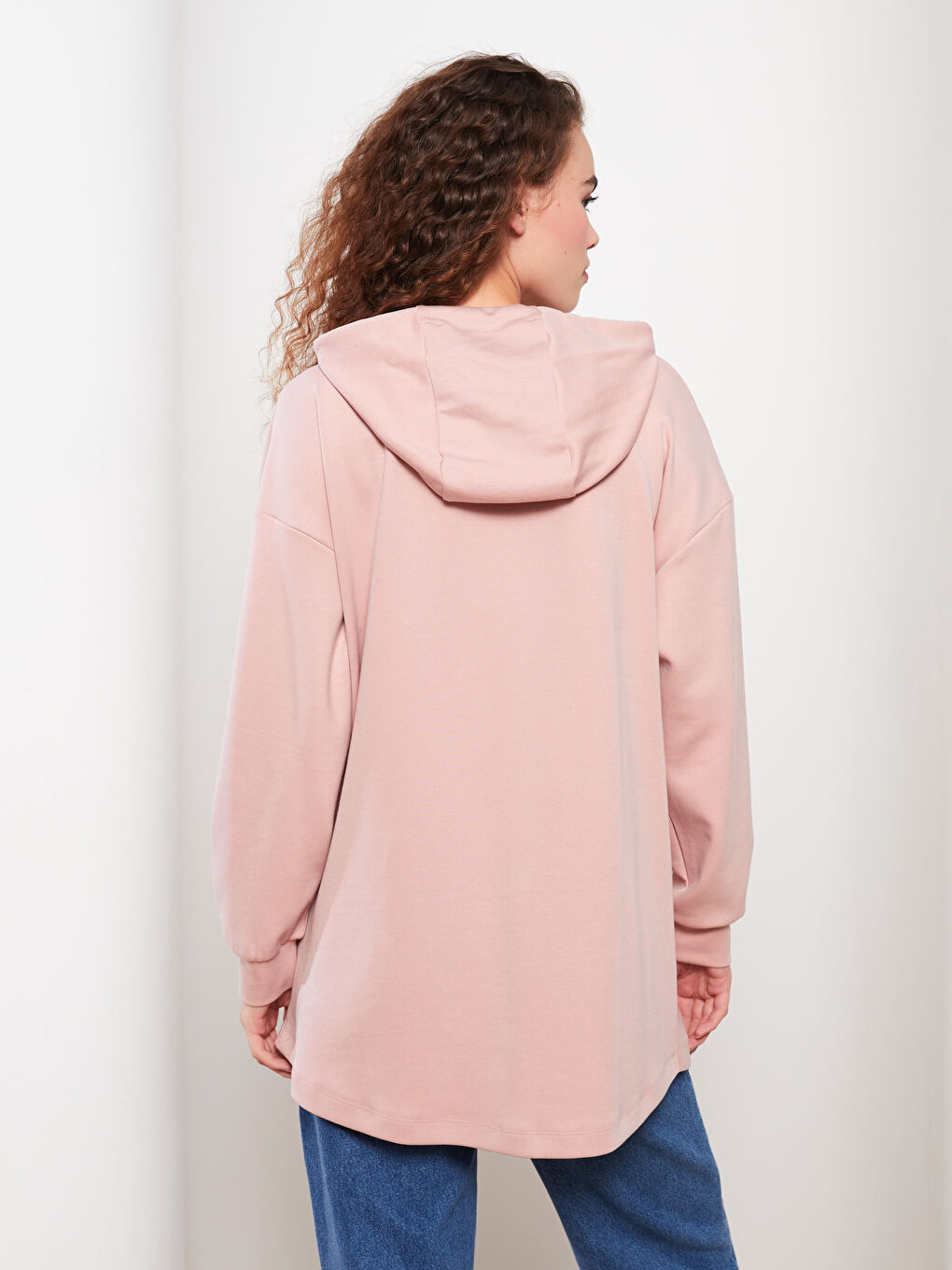 LCW Modest Pembe Kapüşonlu Düz Uzun Kollu Oversize Kadın Tunik - 3