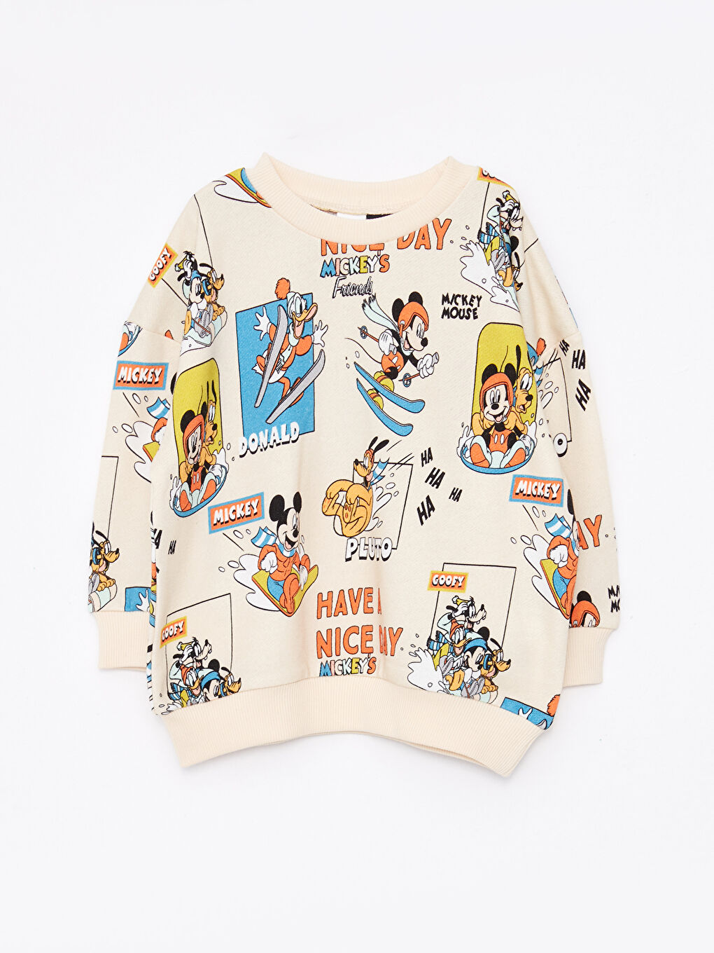 LCW baby Ekru Baskılı Bisiklet Yaka Uzun Kollu Mickey Mouse Baskılı Erkek Bebek Sweatshirt