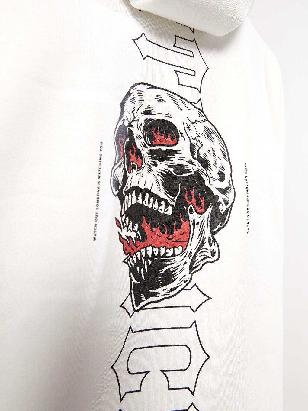 Beyaz Uzun Kollu Baskılı Erkek Kalın Hoodie-4