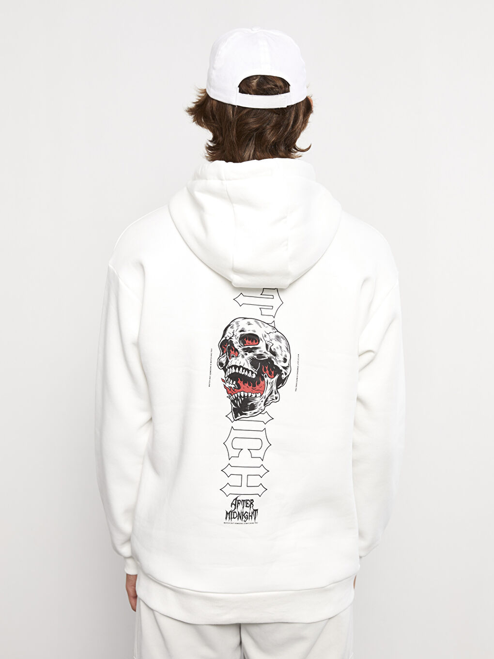 Beyaz Uzun Kollu Baskılı Erkek Kalın Hoodie-5