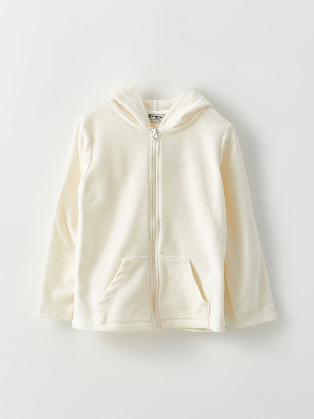 Ekru Kapüşonlu Basic Uzun Kollu Kız Çocuk Fermuarlı Sweatshirt