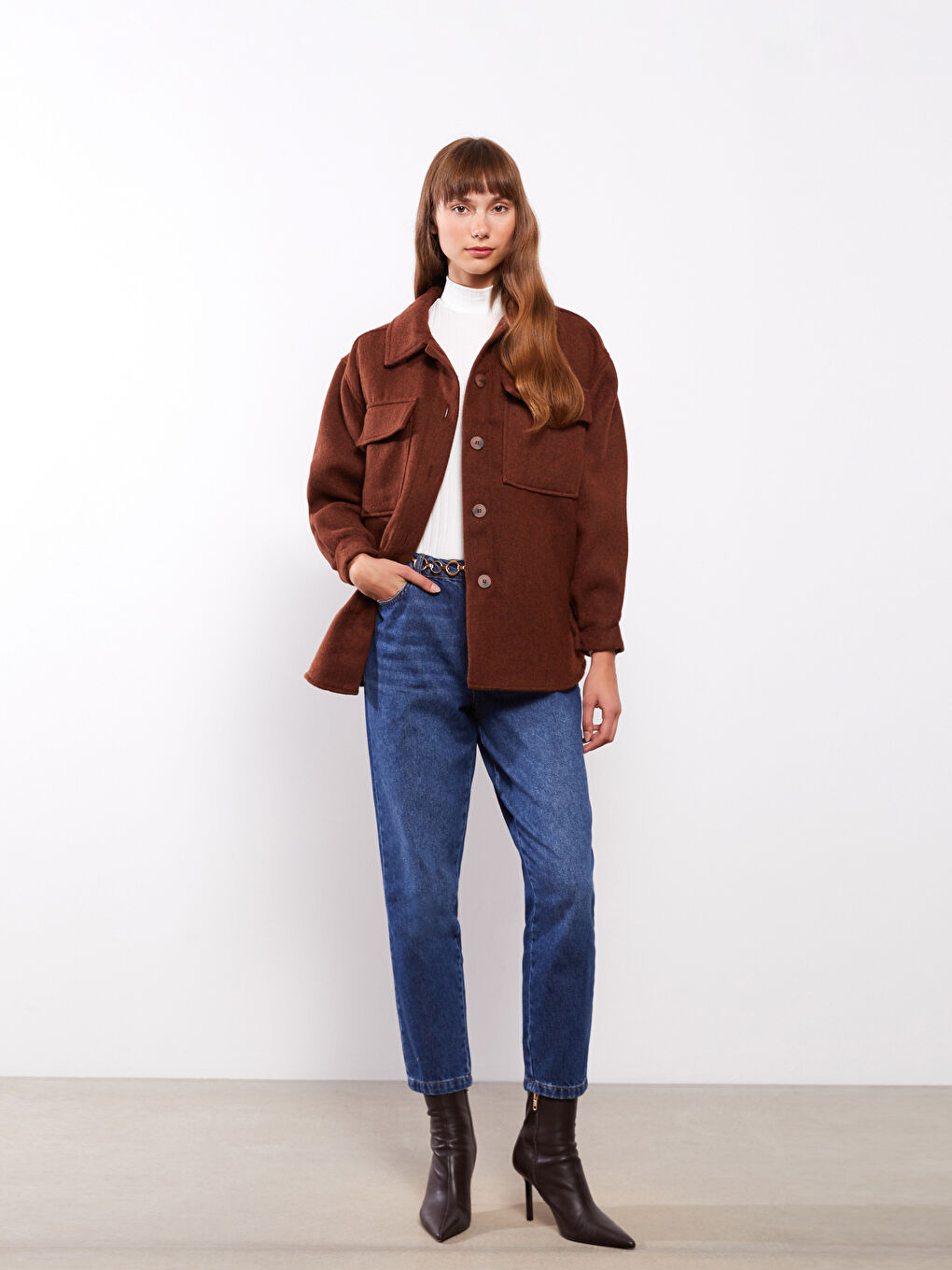 Plain Long Sleeve Women's Shirt Jacket -W2FQ77Z8-HFT