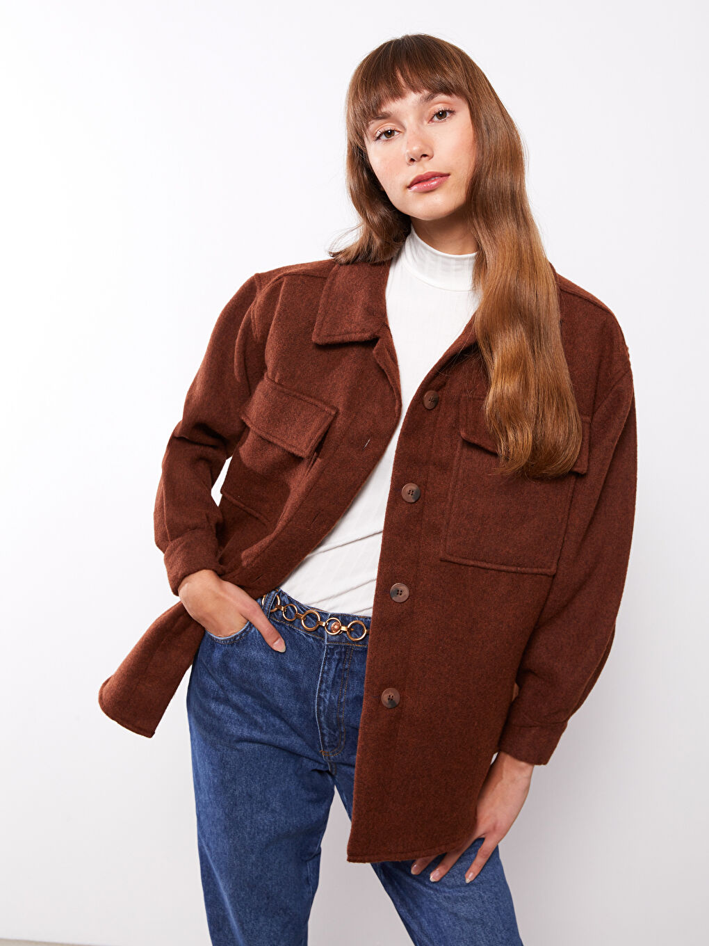 Plain Long Sleeve Women's Shirt Jacket -W2FQ77Z8-HFT