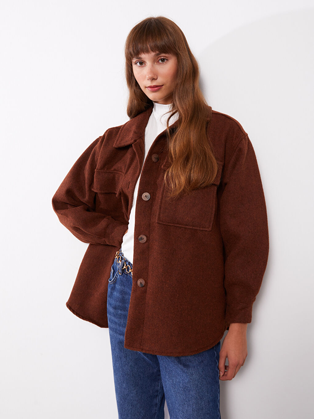 Plain Long Sleeve Women's Shirt Jacket -W2FQ77Z8-HFT