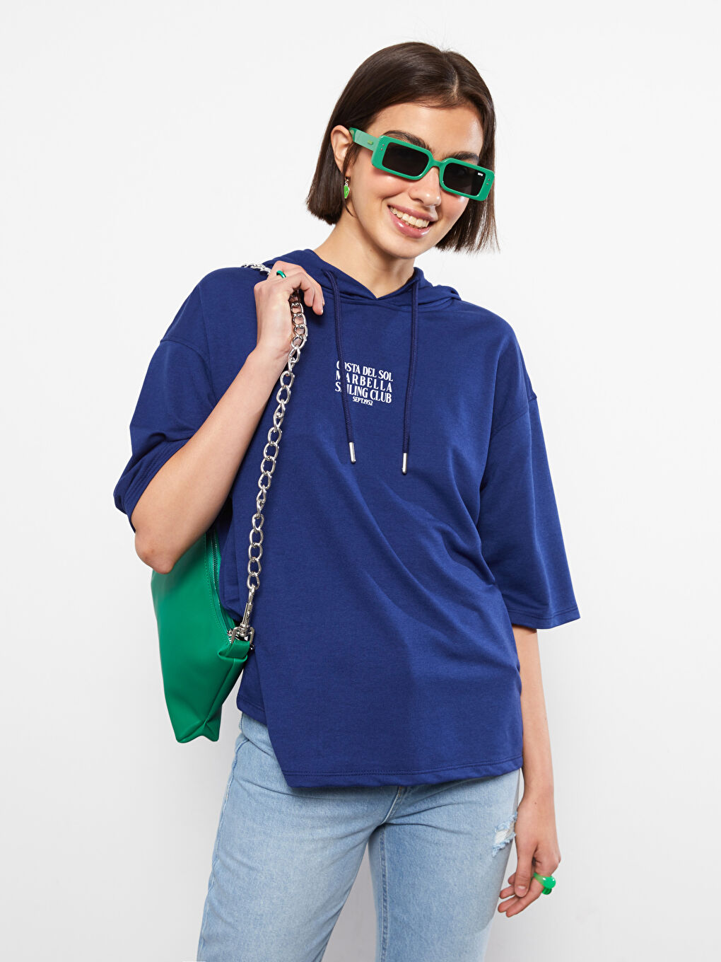 Тениска за Жени с Качулка и Щампа с Къс Ръкав-2