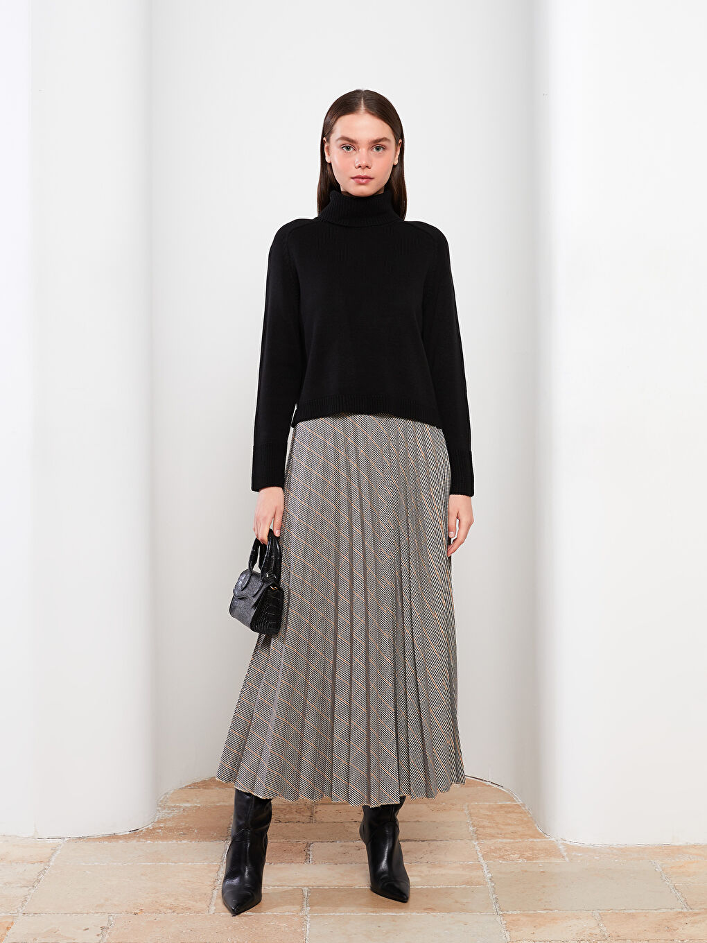 Kahverengi Beli Fermuarlı Ekose Kadın Pileli Etek