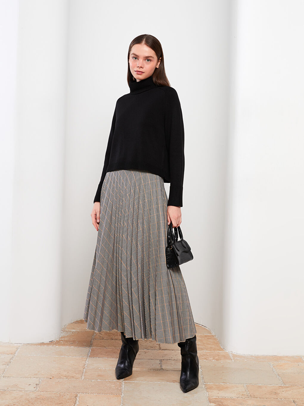 Kahverengi Beli Fermuarlı Ekose Kadın Pileli Etek-1