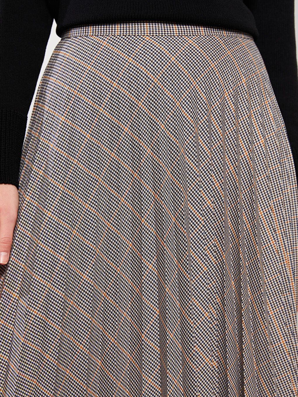 Kahverengi Beli Fermuarlı Ekose Kadın Pileli Etek-4