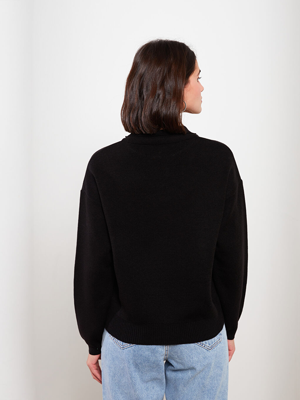 Siyah Dik Yaka Kadın Triko Kazak-5