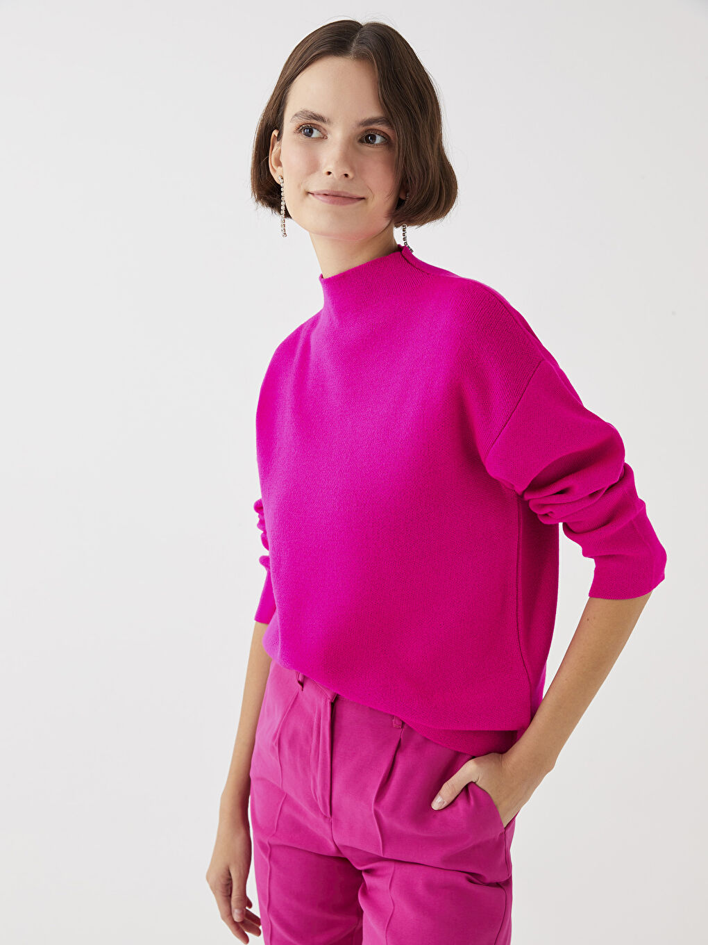 Fuşya Dik Yaka Düz Uzun Kollu Triko Kadın Kazak