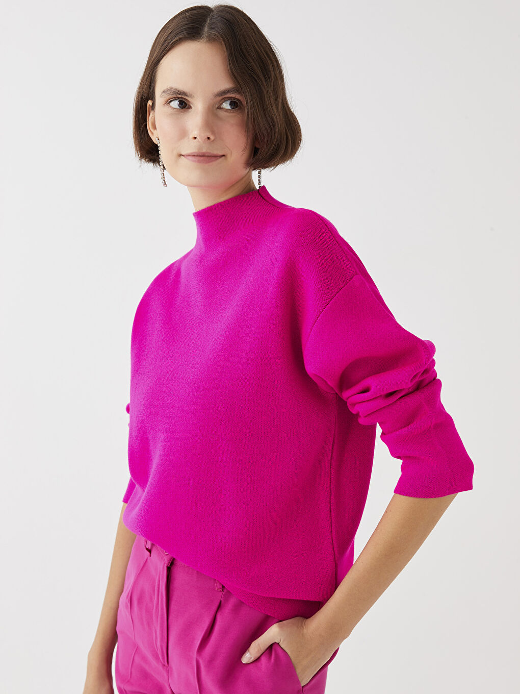 Fuşya Dik Yaka Düz Uzun Kollu Triko Kadın Kazak-1