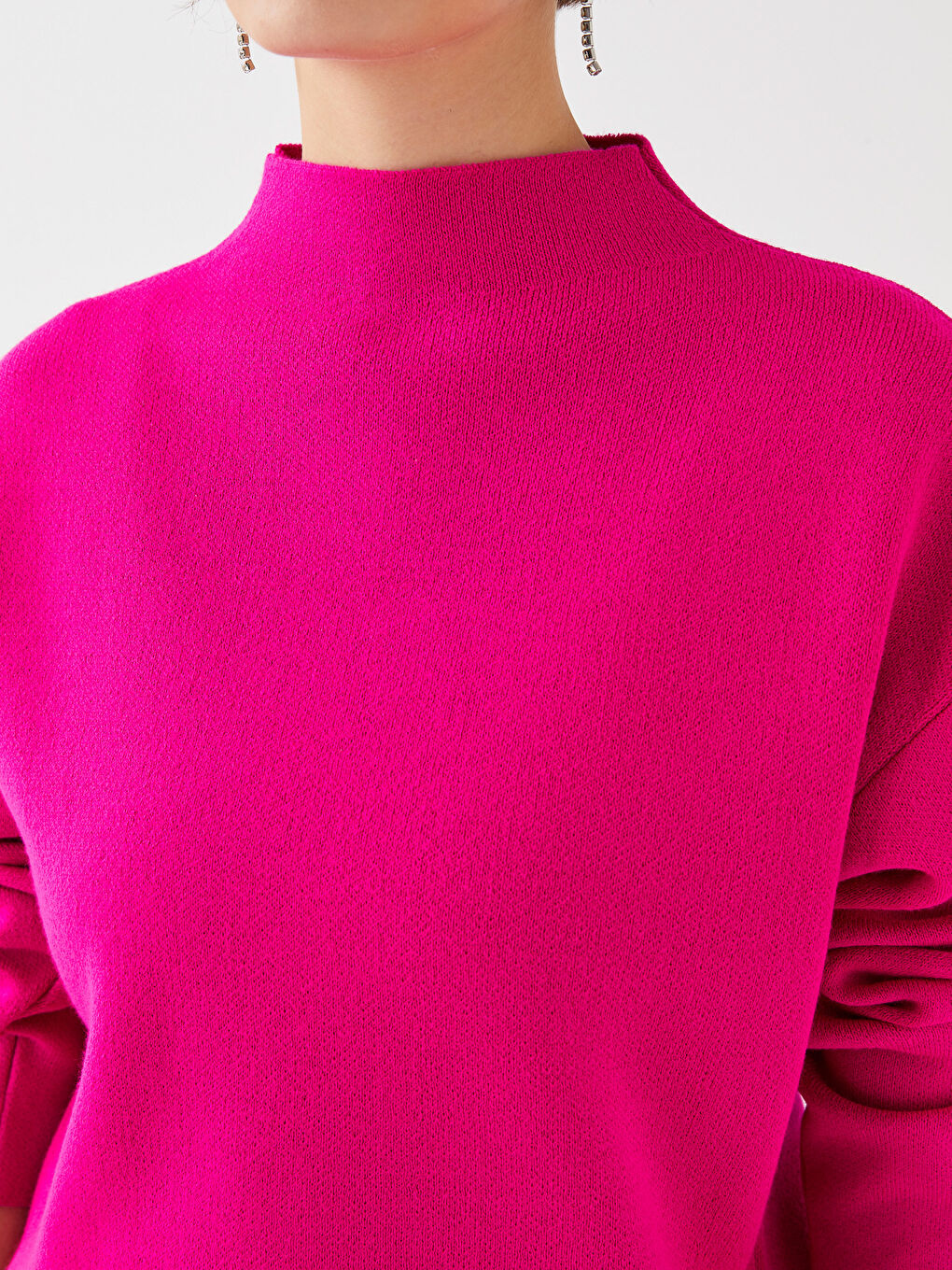 Fuşya Dik Yaka Düz Uzun Kollu Triko Kadın Kazak-3