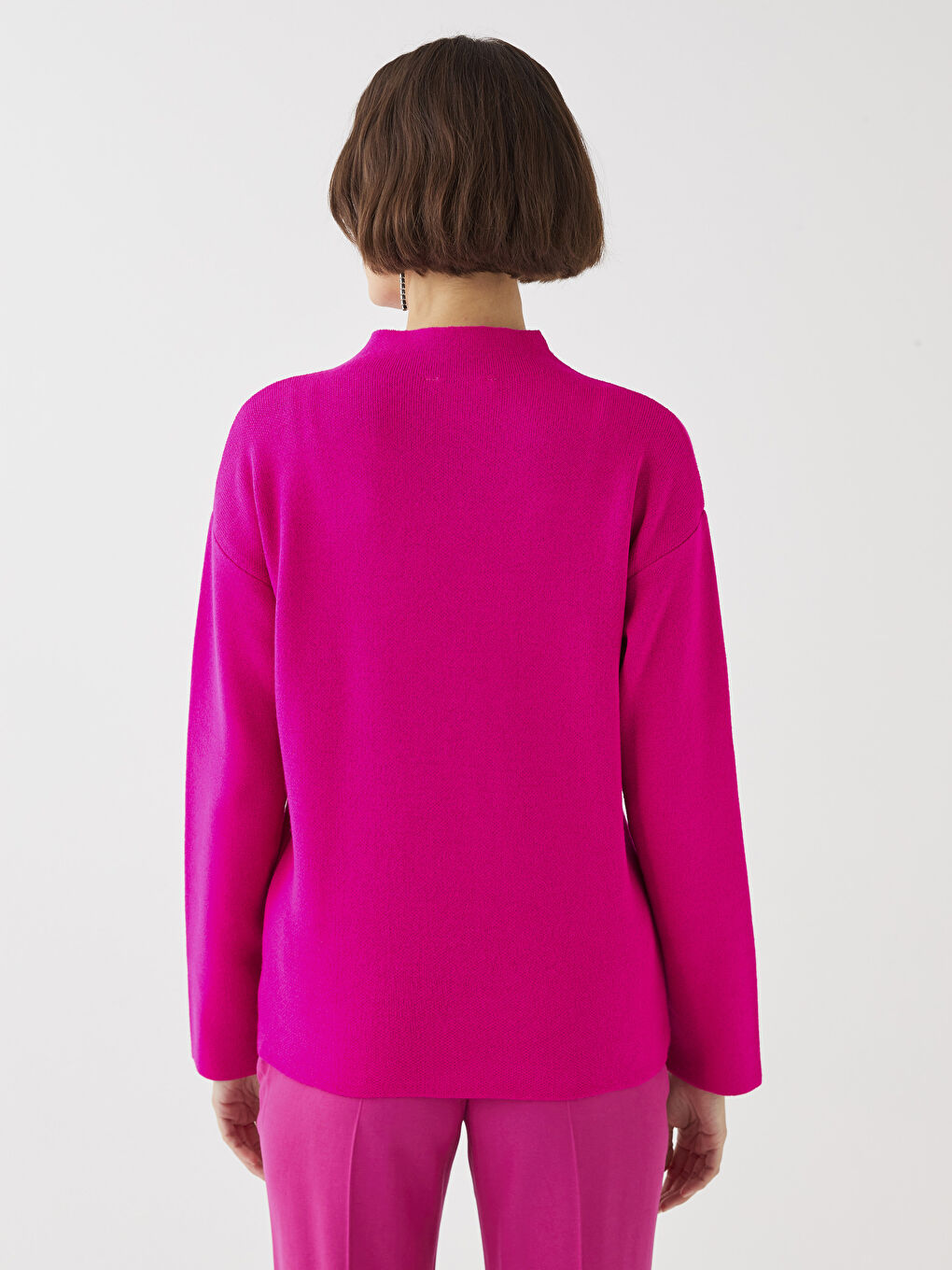 Fuşya Dik Yaka Düz Uzun Kollu Triko Kadın Kazak-4