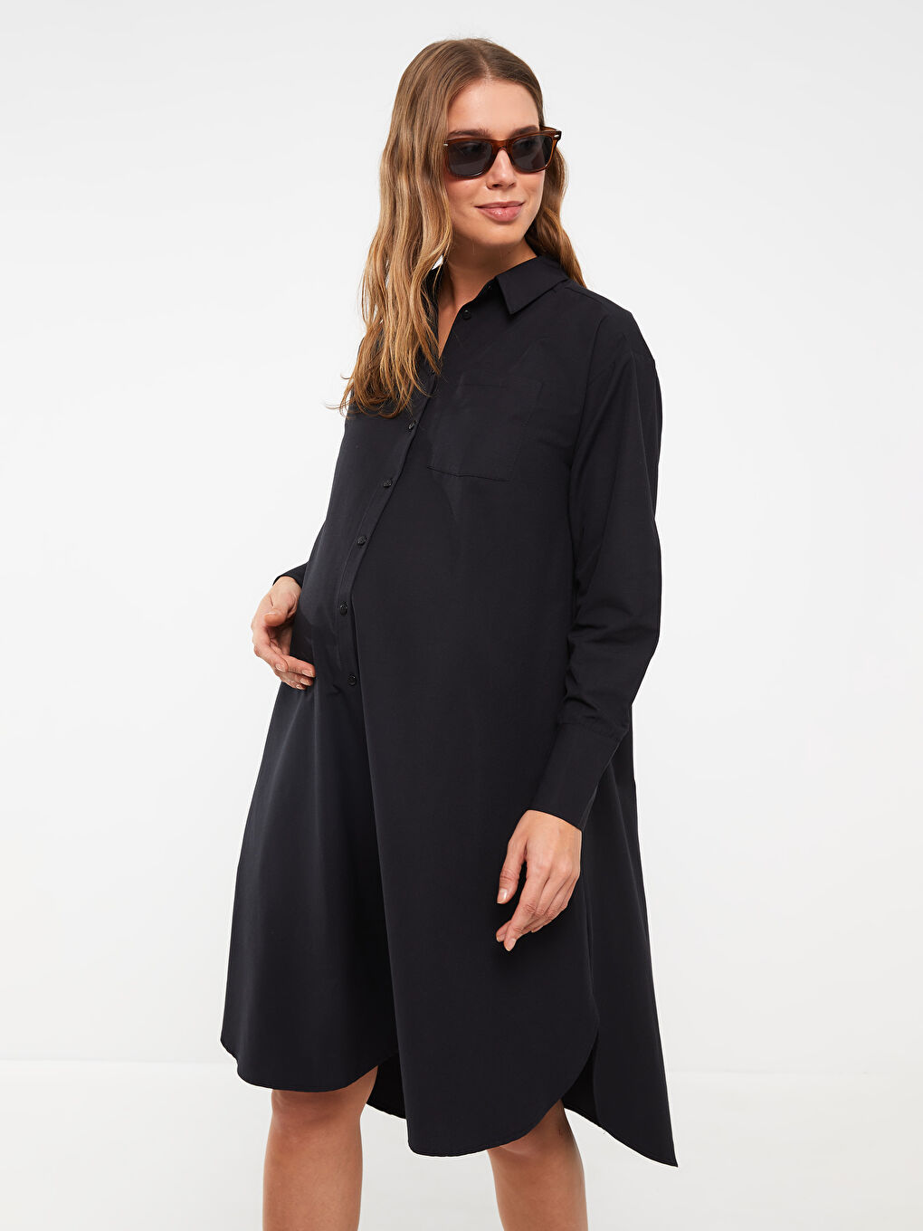Robe de Chemise Maternité à Manches Longues Unie-1