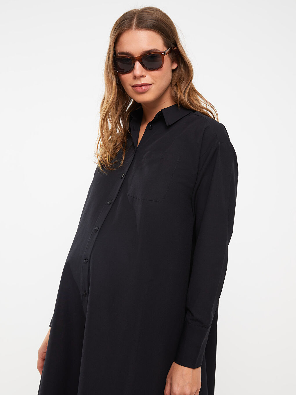 Robe de Chemise Maternité à Manches Longues Unie-2