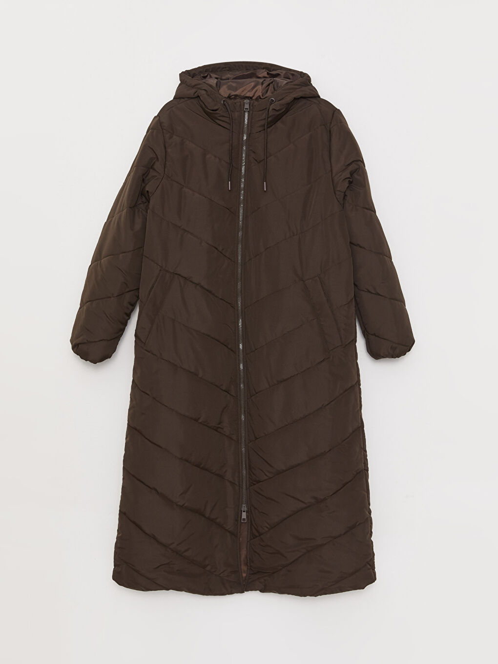 Kahverengi Kadın Kapüşonlu Düz Şişme Mont-6