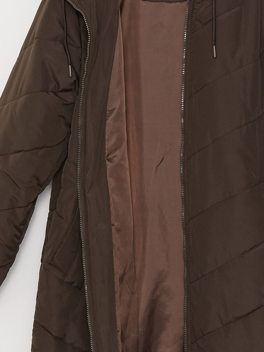 Kahverengi Kadın Kapüşonlu Düz Şişme Mont-8