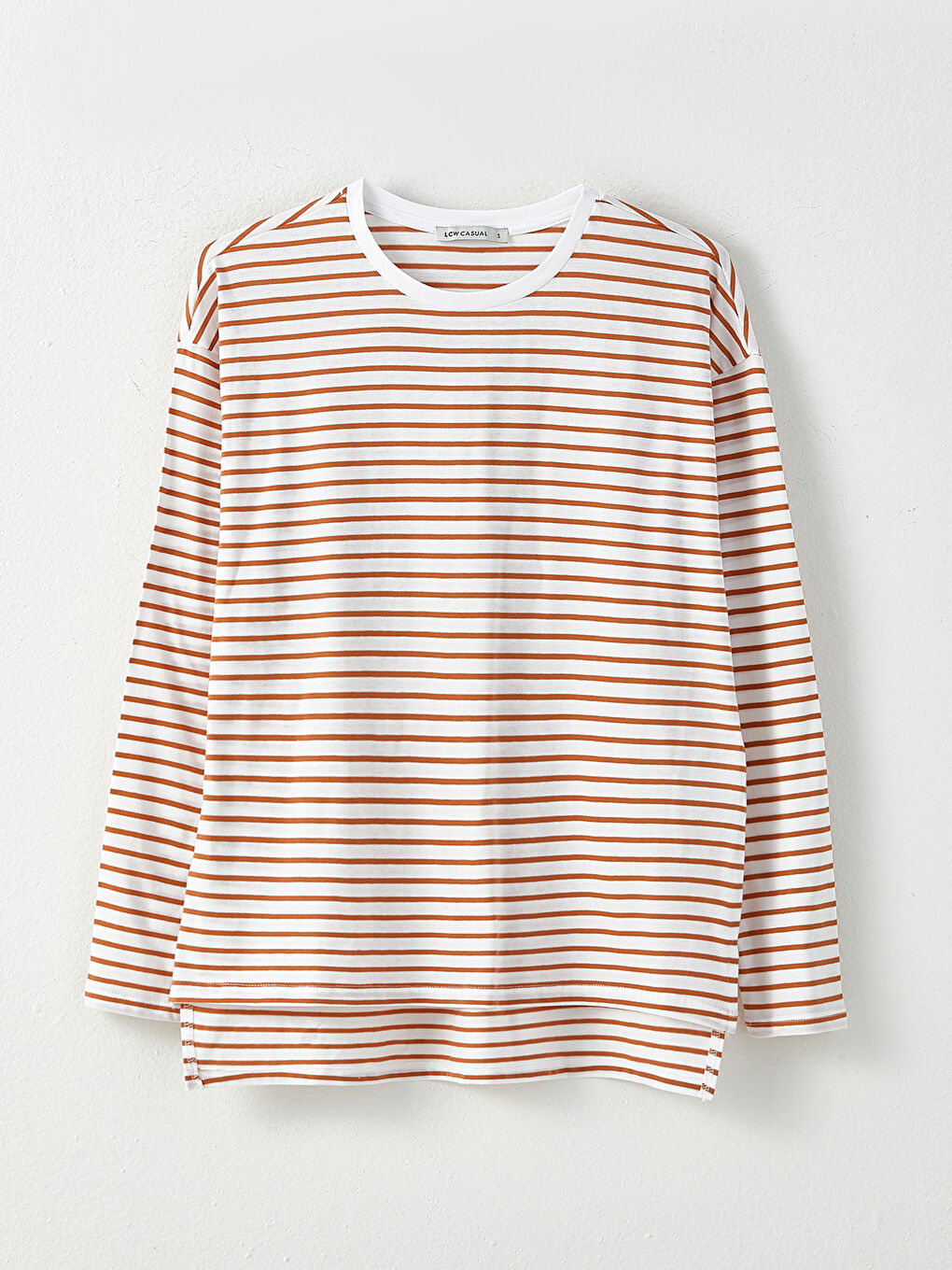 Ekru Bisiklet Yaka Çizgili Uzun Kollu Pamuklu Kadın Tişört-5