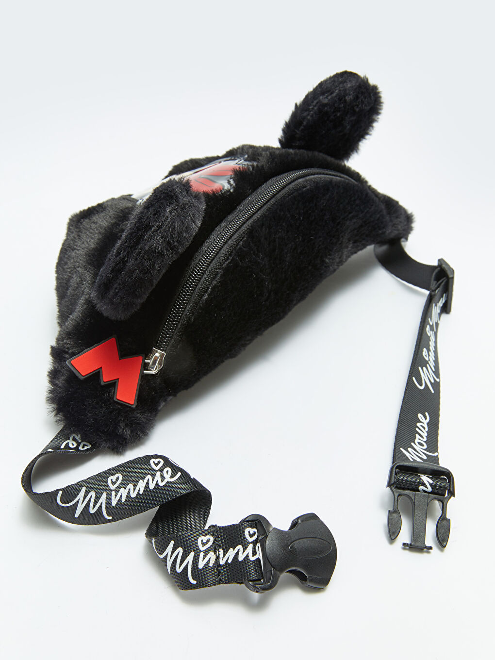 Siyah Minnie Mouse Baskılı Pelüş Kız Çocuk Bel Çantası-1