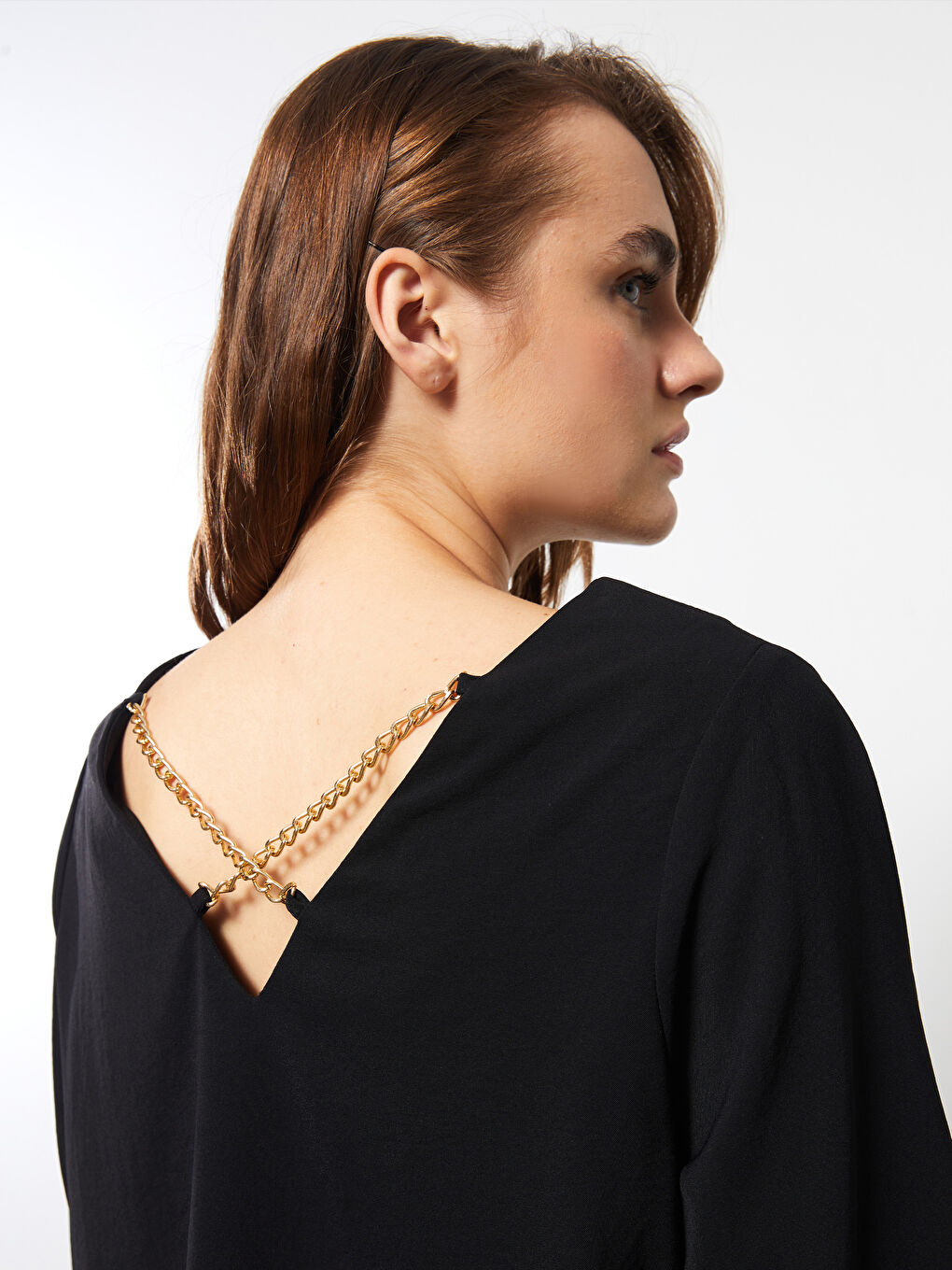 Siyah V Yaka Düz Uzun Kollu Kadın Bluz-2