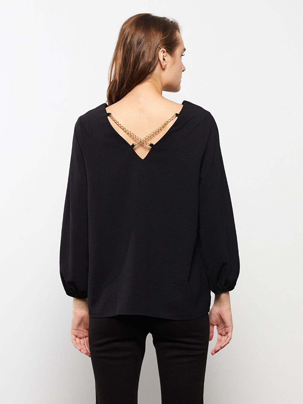 Siyah V Yaka Düz Uzun Kollu Kadın Bluz-4