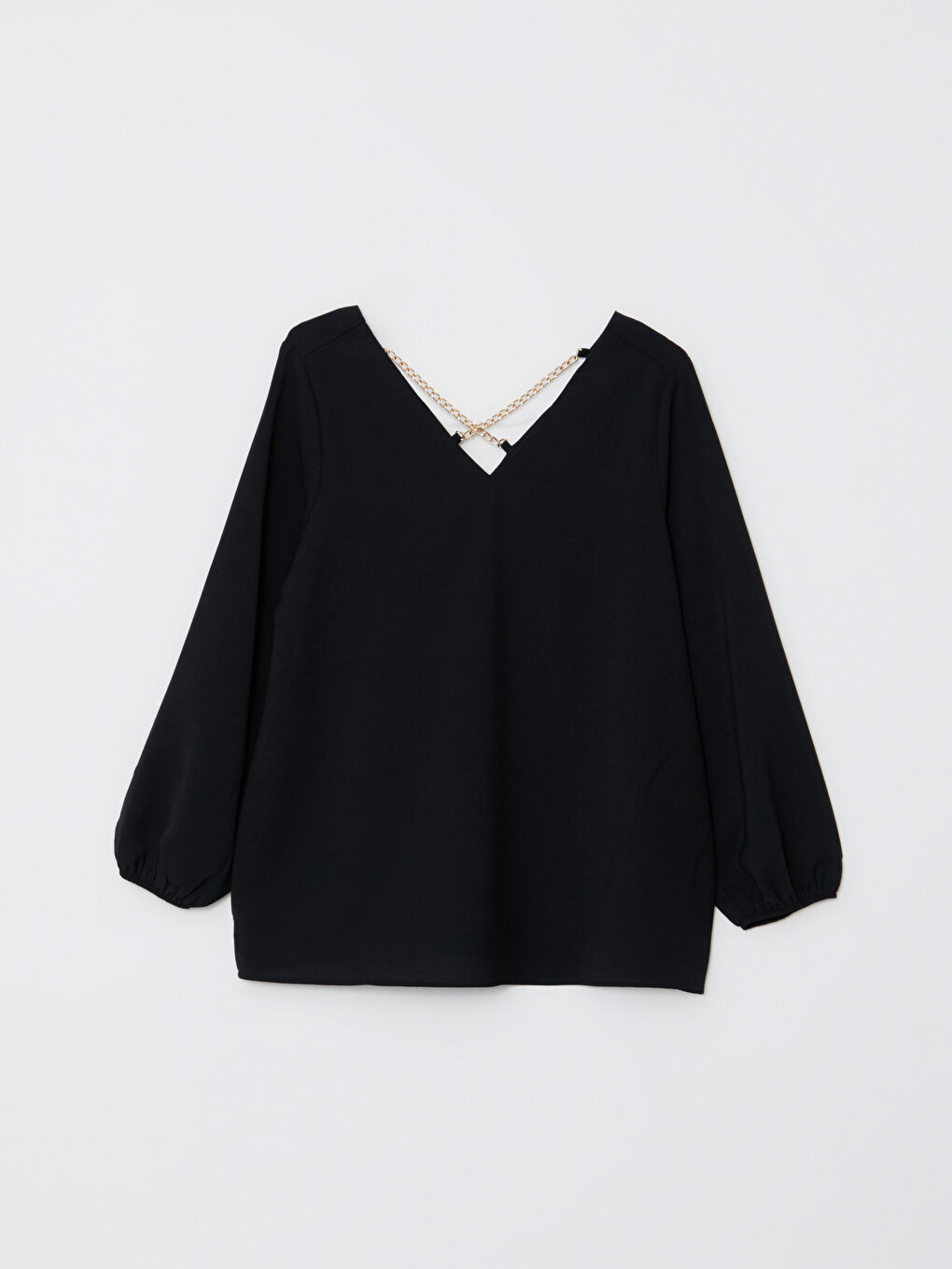 Siyah V Yaka Düz Uzun Kollu Kadın Bluz-5