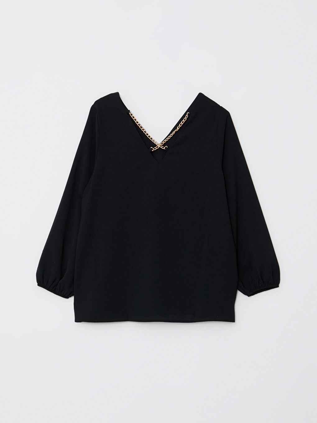 Siyah V Yaka Düz Uzun Kollu Kadın Bluz-6