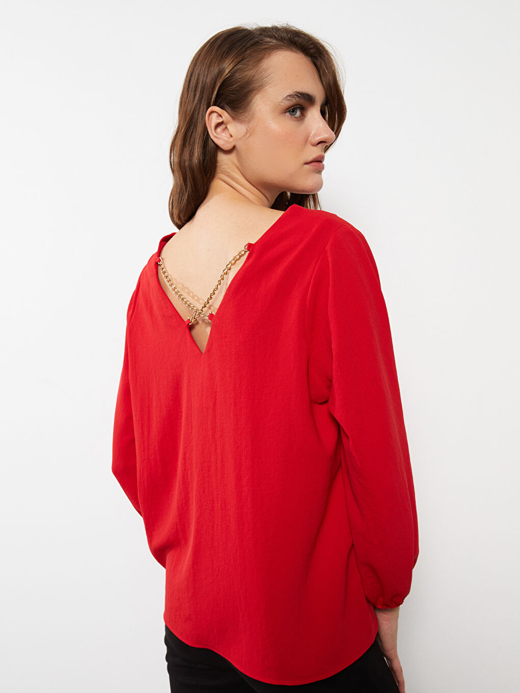 V-Neck Plain Long Sleeve Women's Blouse-2